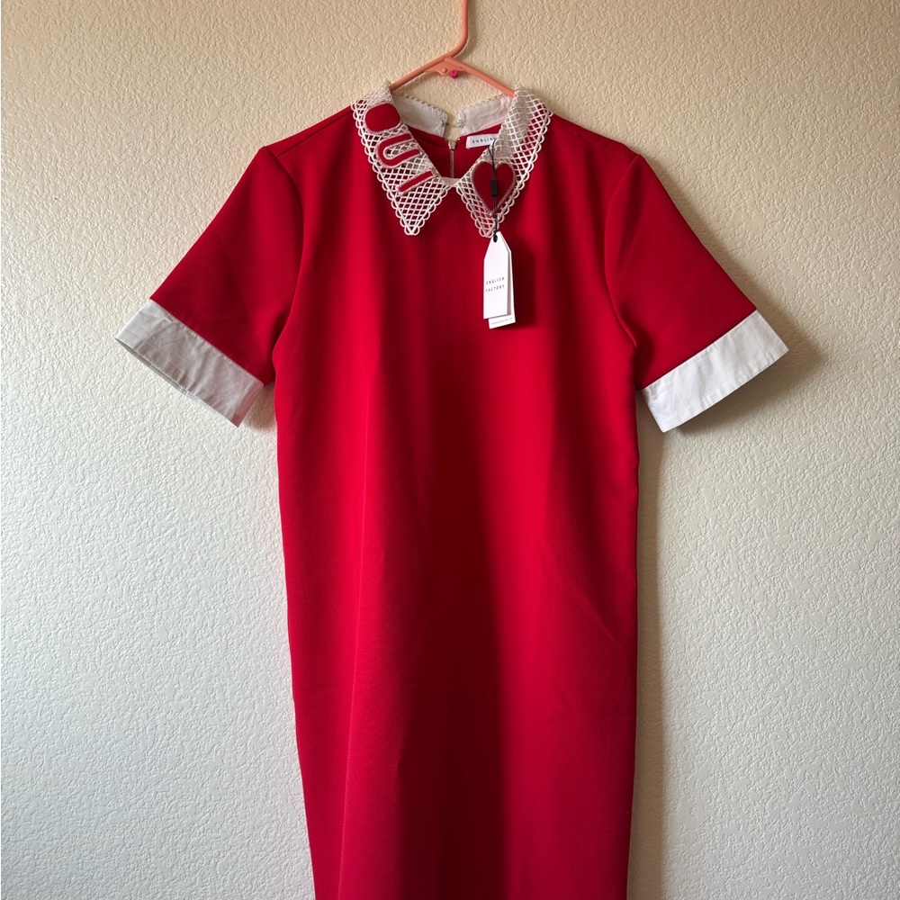 English Factory Scarlet Dress with Ivory Lace Detail